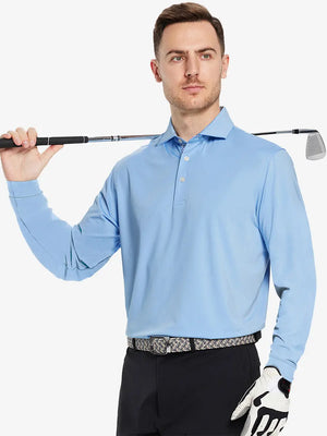 Model in LIGHT BLUE Long Sleeve Solid Jersey Polo holding golf club with confident front pose