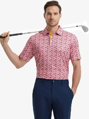 MAELREG Men's Performance Jersey Print Polo in Pink Donut – front half-body with golf pose