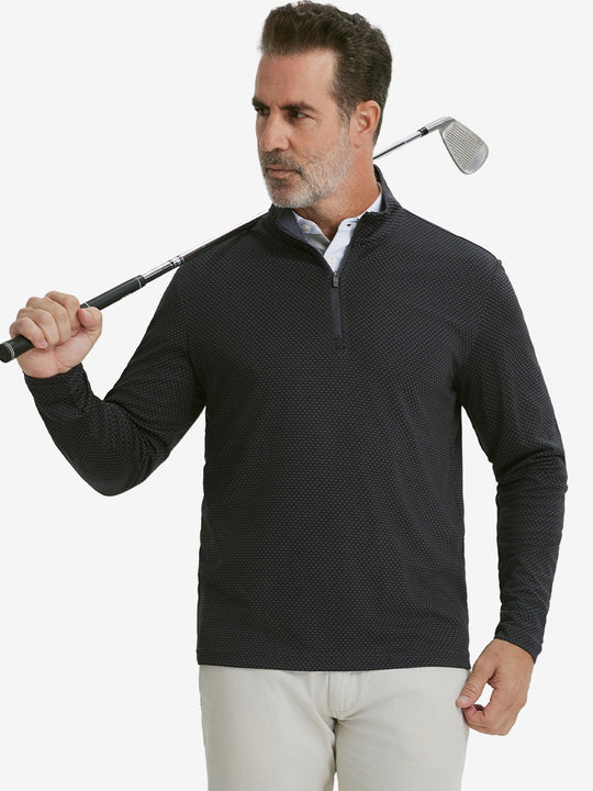 Model holding a golf club wearing jacquard quarter zip pullover in dark grey/black, sporty and elegant look.
