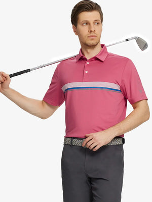 Model holding golf club in CRANBERRY Chest Print Polo Shirts