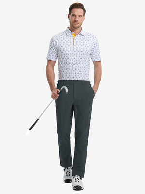 Full front view of model in Performance Water Resistant Pants DARK GREY，ready for golf with club in hand.