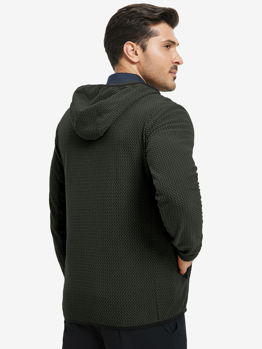 Back upper view of model in full zip fleece hoodied jacket, showing fit and seams in forest green.