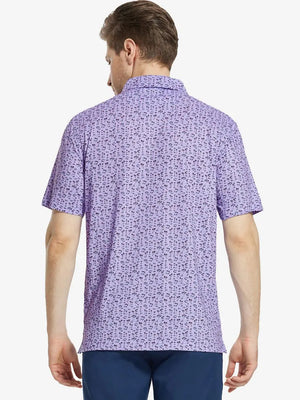 Back view of MAELREG Men's Performance Jersey Print Polo in Lavender Seaside Palm – athletic fit
