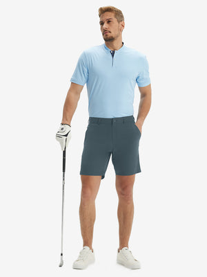 Full-body front view of model wearing the grey blue stretch soft flat front dress golf shorts for a complete look