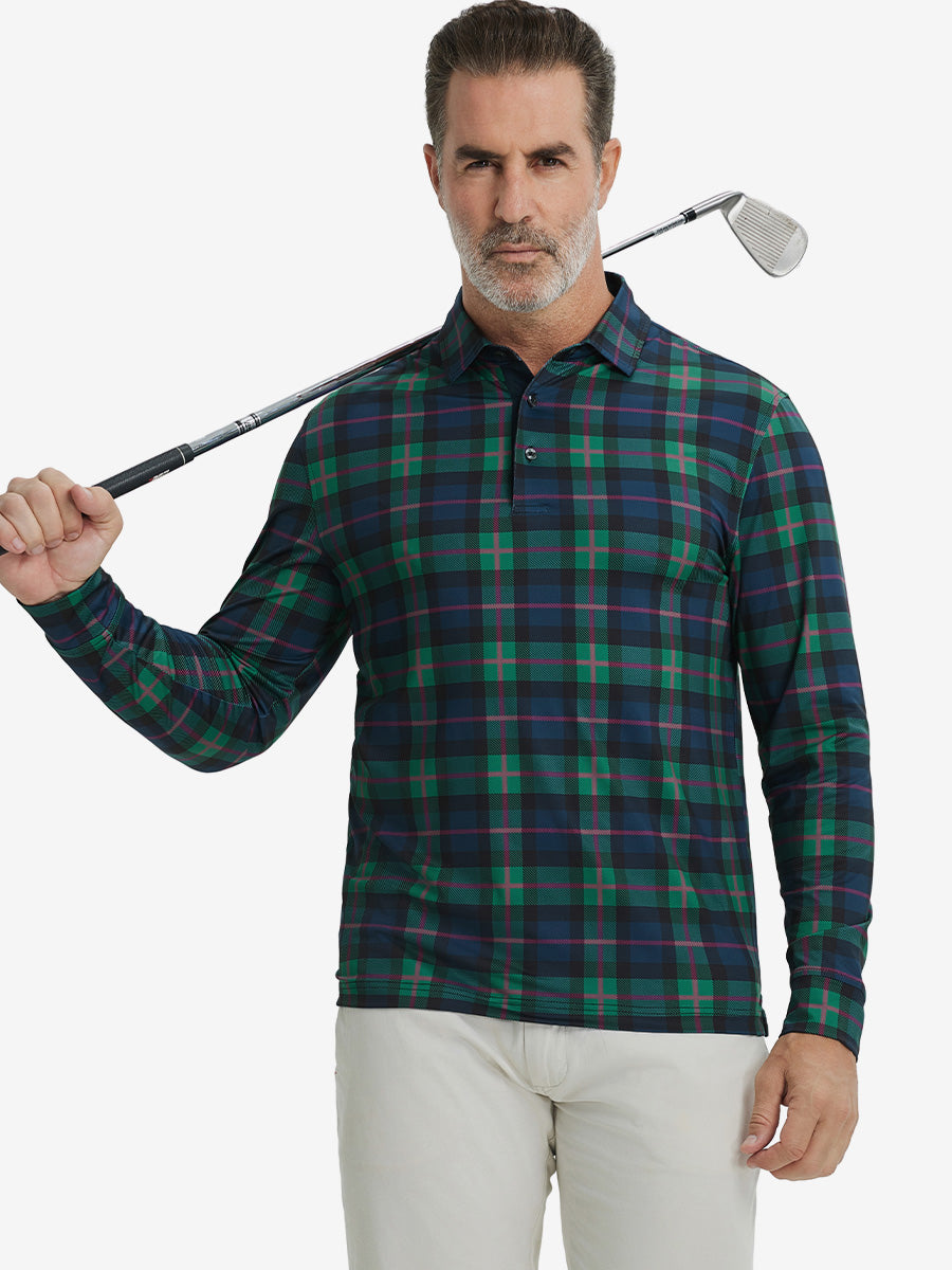 Model holding golf club, wearing lightweight print long sleeve polo in dark plaid, casual sporty fit.