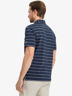 Back half-body view of model wearing NAVY STRIPE Stylish Performance Golf Polo