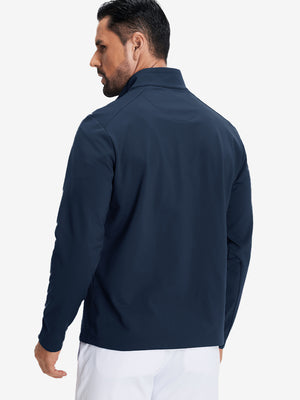Back upper body view of Fleece lined golf quarter zip with smooth navy finish