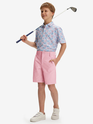 Full front: model in pink boys lightweight dry fit flat front golf shorts holding golf club.