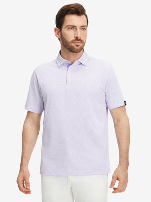Front half-body view of a model wearing the lavender feather weight jacquard polo shirts, showing the chest pocket