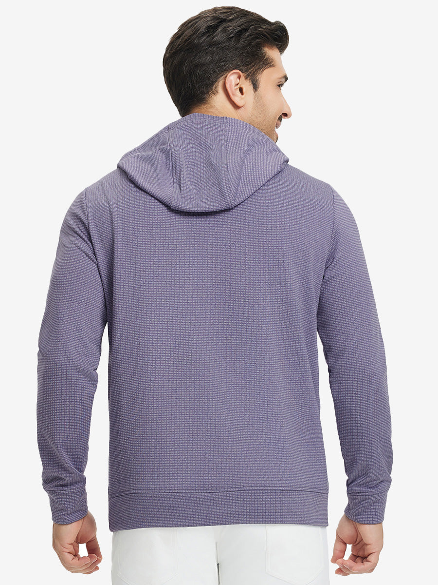 Back upper view of model in warm fleece golf hoodies pullover purple.