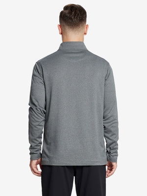 Half-body front shot, model holding golf club in GREY MELANG Moisture Wicking Quarter Zip Pullover.