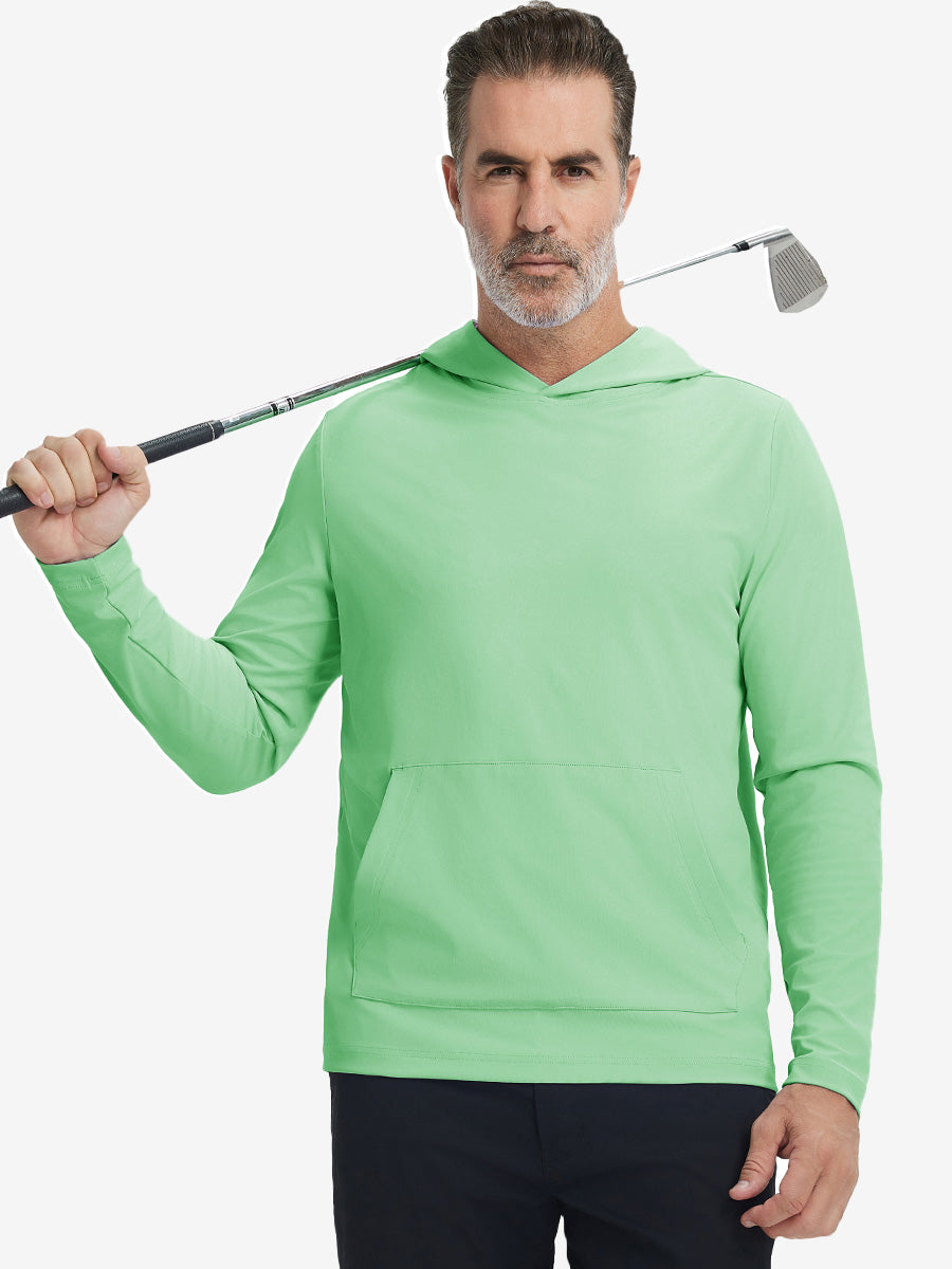 Model holding golf club, wearing dry fit stretchy sweatshirts hoodie in light green, sporty and casual.