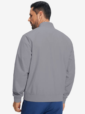 Back view of casual windproof bomber jacket on model, showcasing neutral grey detail and shape