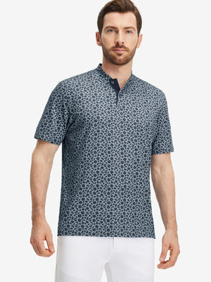 Front half-body of model in grayish blue flower stretch printed collarless henley golf shirts