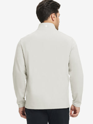 Back view of lightweight casual fleece jacket with 5 pockets, model in oyster grey, relaxed fit