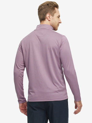 Back waist-up shot of model wearing dusty rose melange moisture wicking quarter zip pullover