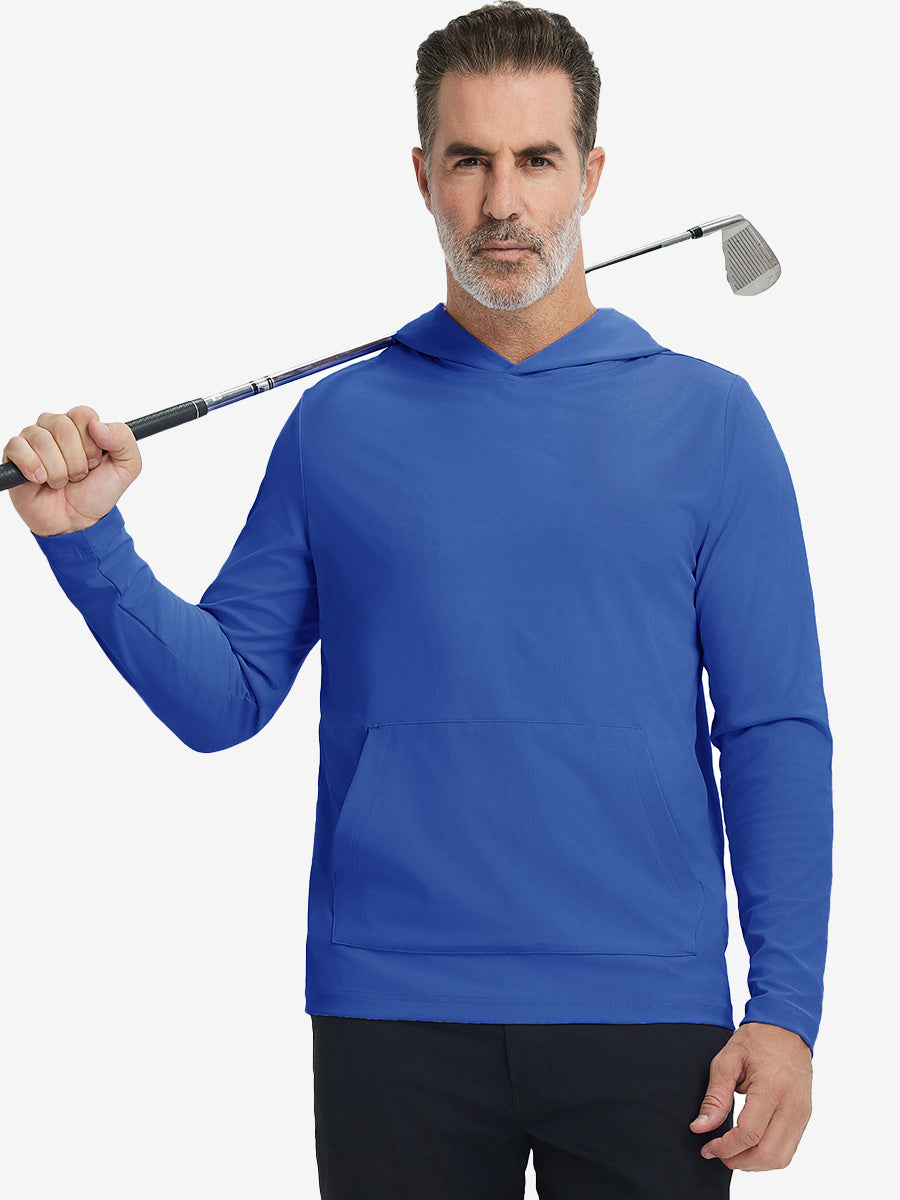 Model holding golf club, wearing dry fit stretchy sweatshirts hoodie in klein blue, sporty and casual.
