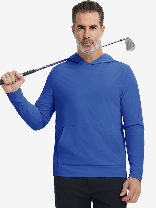 Model holding golf club, wearing dry fit stretchy sweatshirts hoodie in klein blue, sporty and casual.