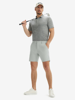 Full-body front view of model wearing the light grey stretch soft flat front dress golf shorts for a complete look