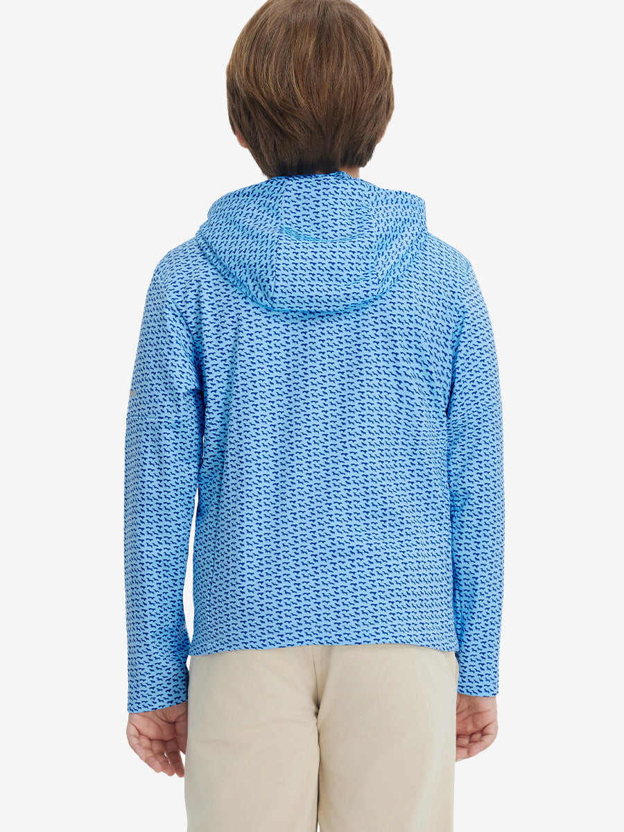 Back upper body view of model wearing youth full print stylish hoodies pullover, bluejay navy dogs.