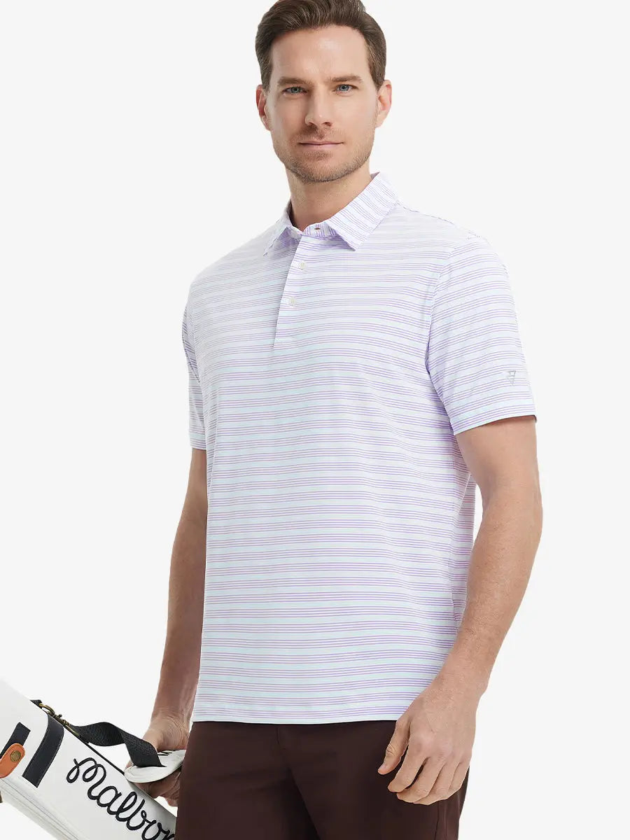 Model wearing Lilac Light Blue Stripe Performance Stripe Golf Shirt – front half-body pose