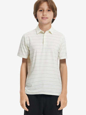 Front upper body of model wearing trendy boys stripe polo shirts, casual fit in beige stripe