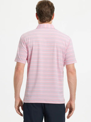 Back half-body view of model wearing LIGHT PINK STRIPE Stylish Performance Golf Polo