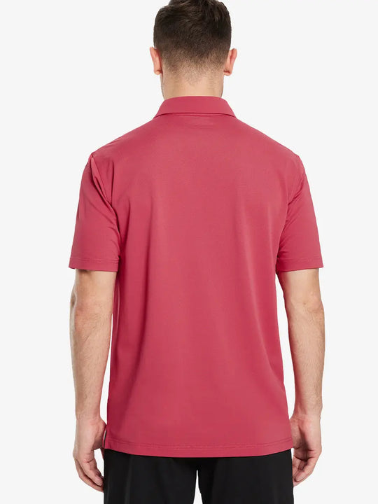 Back view half-body of model in BRICK Ventilated Pique Performance Polo