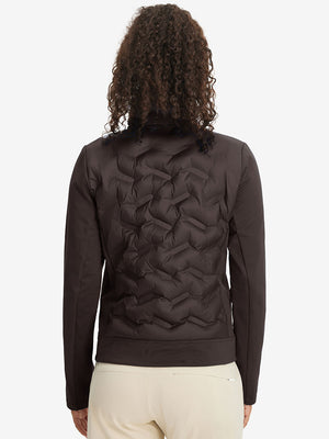 Back upper-body view of women's lightweight fleece-lined puffer jacket on model in coffee brown.