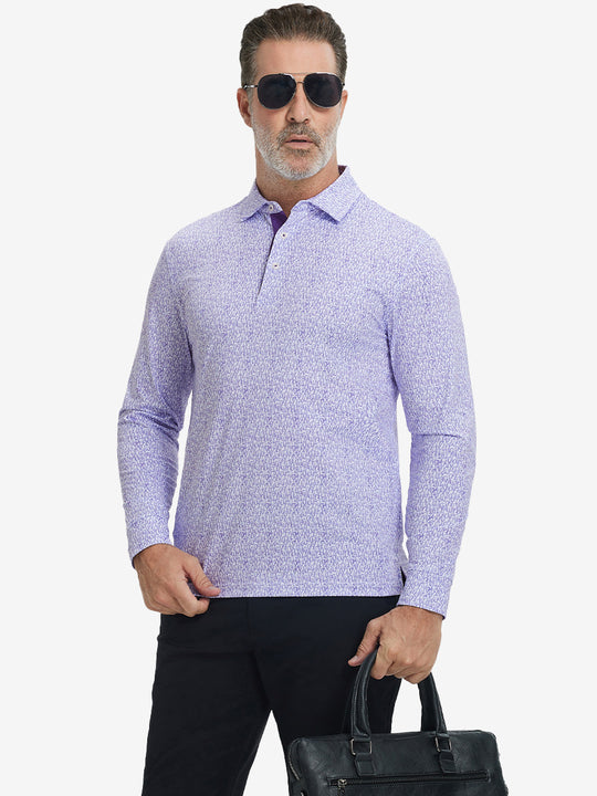 Model carrying bag, styled in purple wine glass lightweight print long sleeve polo, sleek golf outfit.