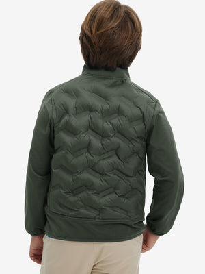 Back upper-body view of boys windproof puffer jacket with pockets on model, shown in army green.