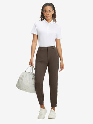 Woman wearing Women's Ultra-stretch Quick Dry Sweatpants with Ankle Zips in coffee brown, full body front view