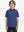 Front upper body of model wearing youth performance golf polos, clean fit and sporty navy/sky blue stripe look