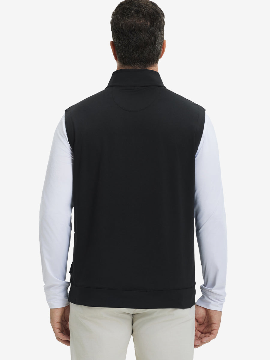 Back upper body view of the black print collar quarter zip golf vest, clean cut and relaxed posture.