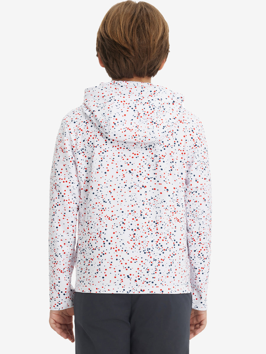 Back upper body view of model wearing youth full print stylish hoodies pullover, white polka dots.