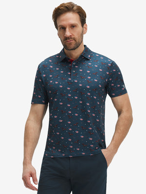 Front half-body shot of model wearing the american flag eagle 4 way stretch print collared polo shirt for a casual sporty look