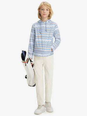 Boys Stretch Fleece Lined Casual Golf Pants in beige, model front view carrying tennis bag