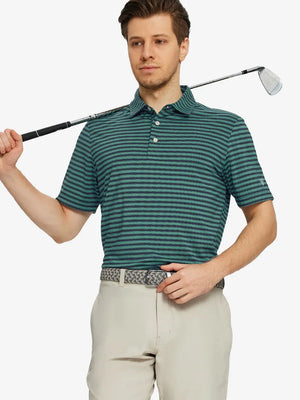 Front half-body golf pose wearing Turquoise Navy Yarn Dyed Stripe Polo