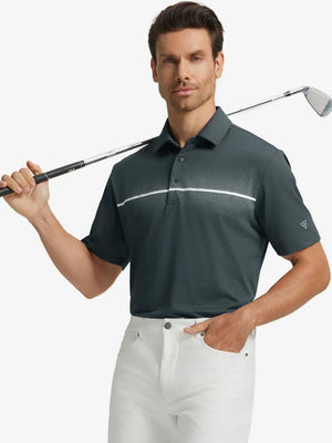 Half-body front view of model holding golf club wearing DARK GREY Stylish Chest Print Snap Polo