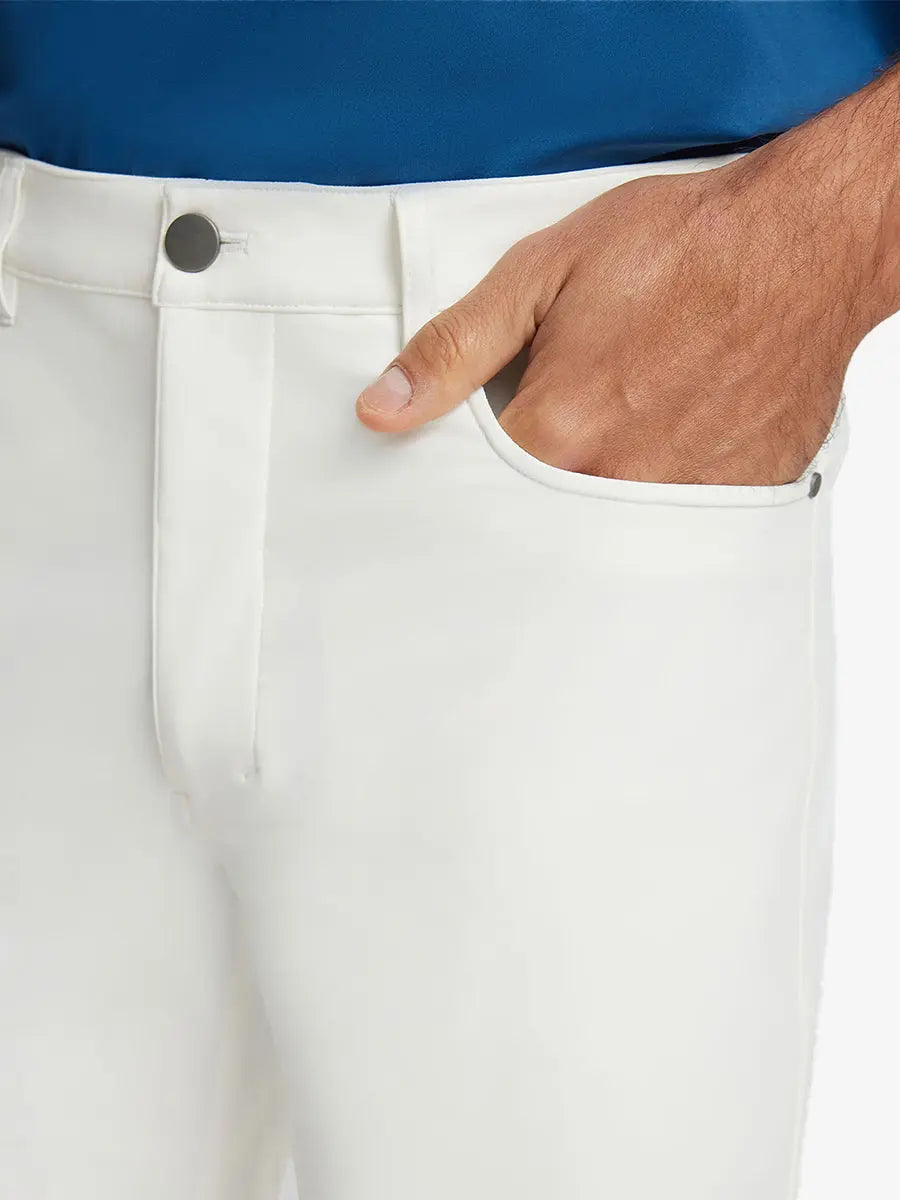 WHITE 4-way Stretch Performance Solid Shorts, front pocket with hand inserted, 7 Inch detail