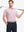 Model in LIGHT PINK STRIPE Golf Polo holding club — dynamic front half-body pose