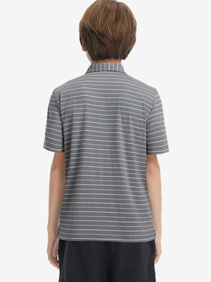 Back upper body view of kids stylish stripe polo shirts, showing pattern and neutral stripe tone