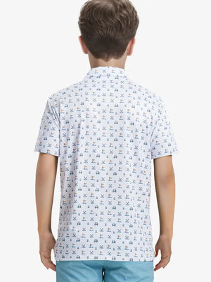 Back half-body view of boy wearing WHITE GOLF Performance Print Boys Golf Polo outdoors