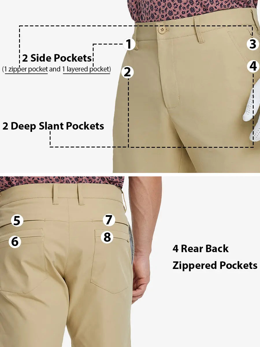 Detail view highlighting all 8 pockets front and back on KHAKI Water Resistant Versatile 8 Pockets Shorts.