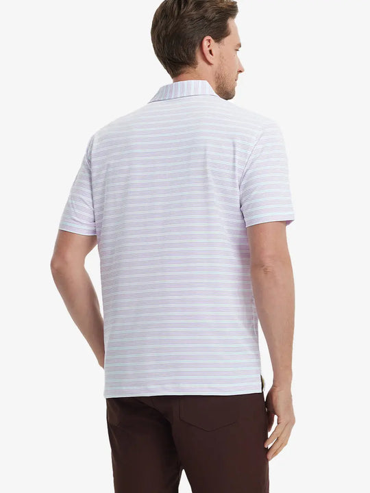 Back view of model in Lilac Light Blue Stripe Performance Stripe Golf Shirt
