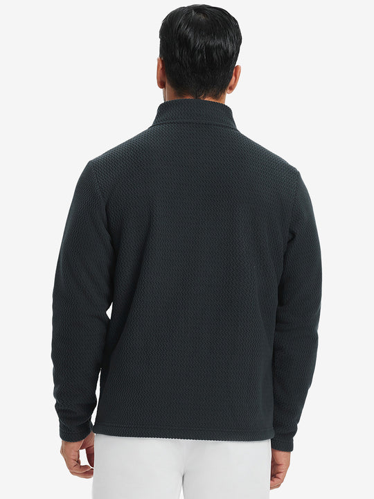Back upper view of model in soft winter fleece jackets, showing shoulder fit and fleece texture in black.