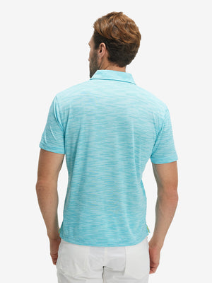 Back waist-up shot of model wearing misty blue ultra-light quick dry moisture wicking collared polo shirt
