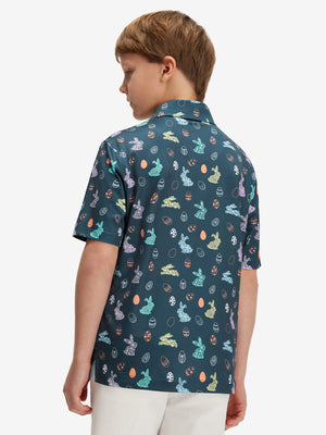 Back half-body of boy in easter bunny eggs performance print boys golf polo