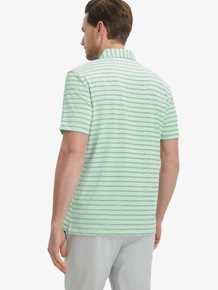 Back view of model wearing Khaki Neutral Grey Stripe Performance Stripe Golf Shirt