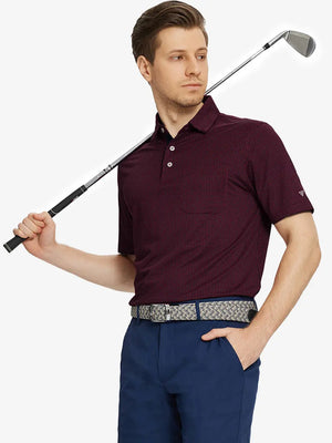 Model holding golf club, front half-body in RED Elegant Performance Jacquard Polo